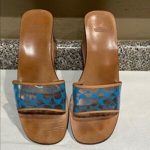 Coach Brown Leather Slide Sandals with Blue Signature Strap